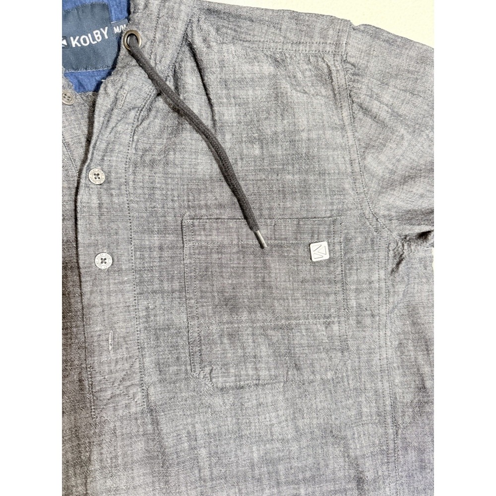 Kolby Mens Gray‎ Chambray Hooded Button Front Shirt Pullover Size Medium
